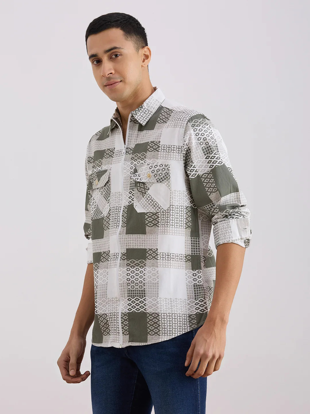 Valen Club Men's Casual Shirt With Spread Collar Cotton Long Sleeves Checked Shirt
