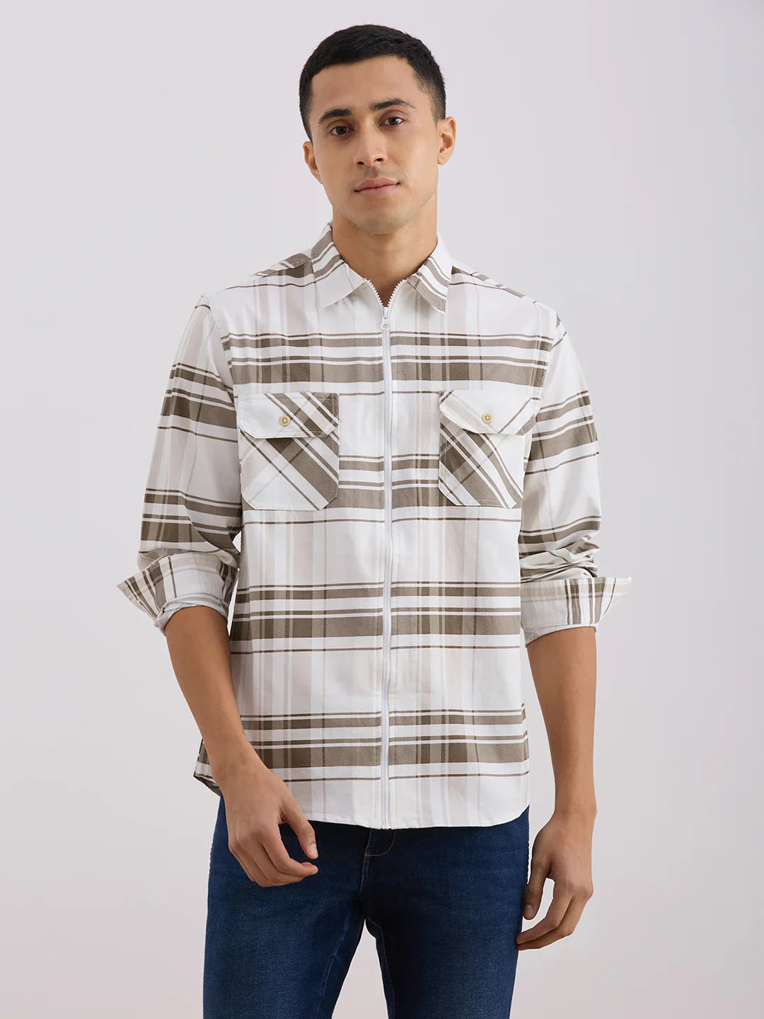Valen  Men's Casual Shirt With Spread Collar Viscose Rayon Long Sleeves Checked Shirt