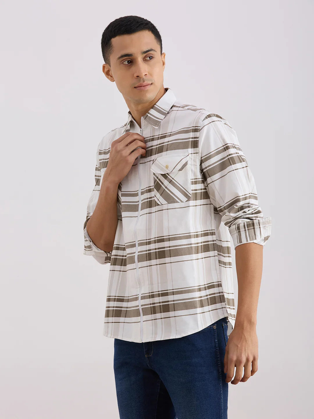 Valen  Men's Casual Shirt With Spread Collar Viscose Rayon Long Sleeves Checked Shirt