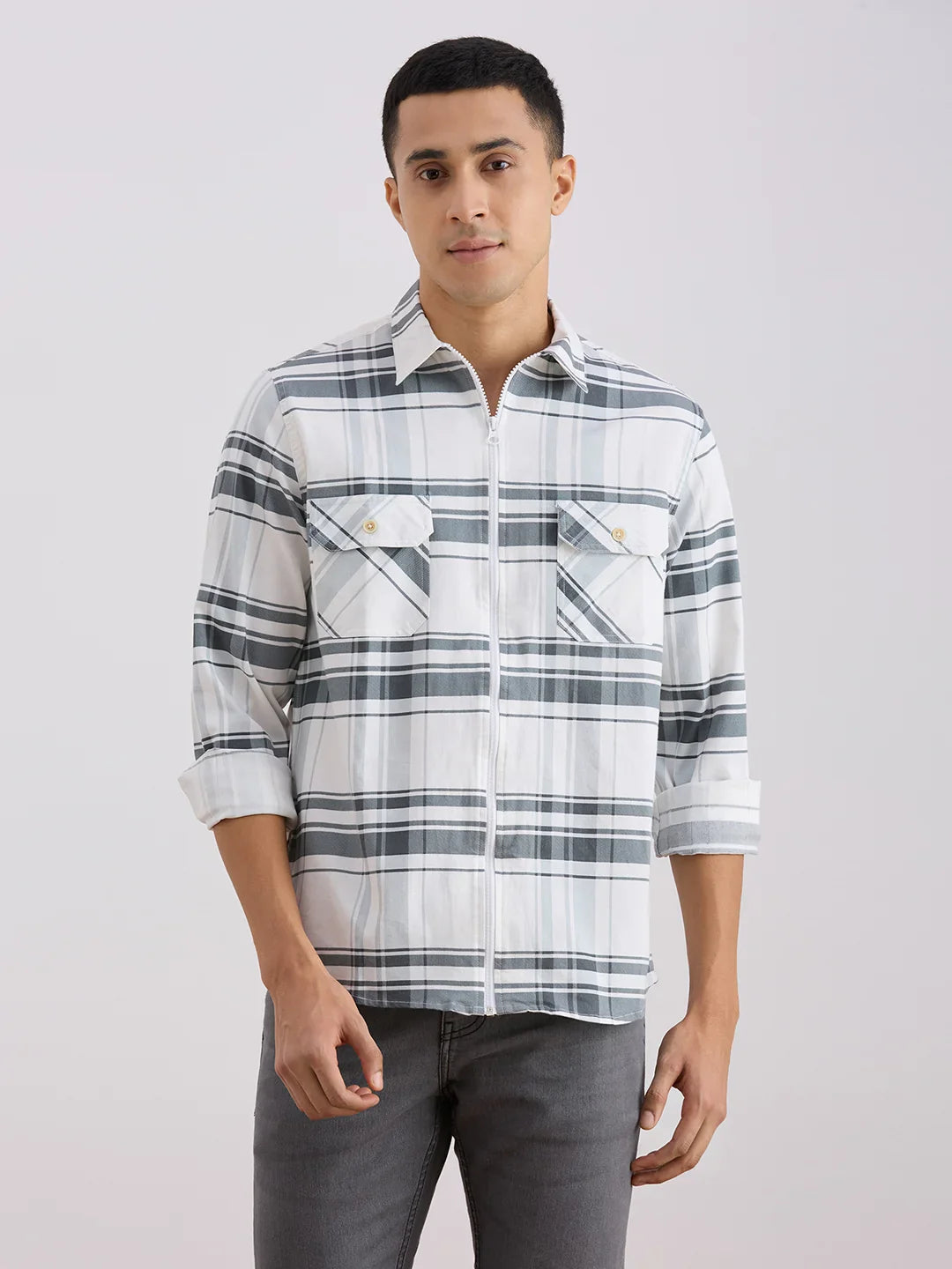 Valen  Men's Casual Shirt With Spread Collar Viscose Rayon Long Sleeves Checked Shirt