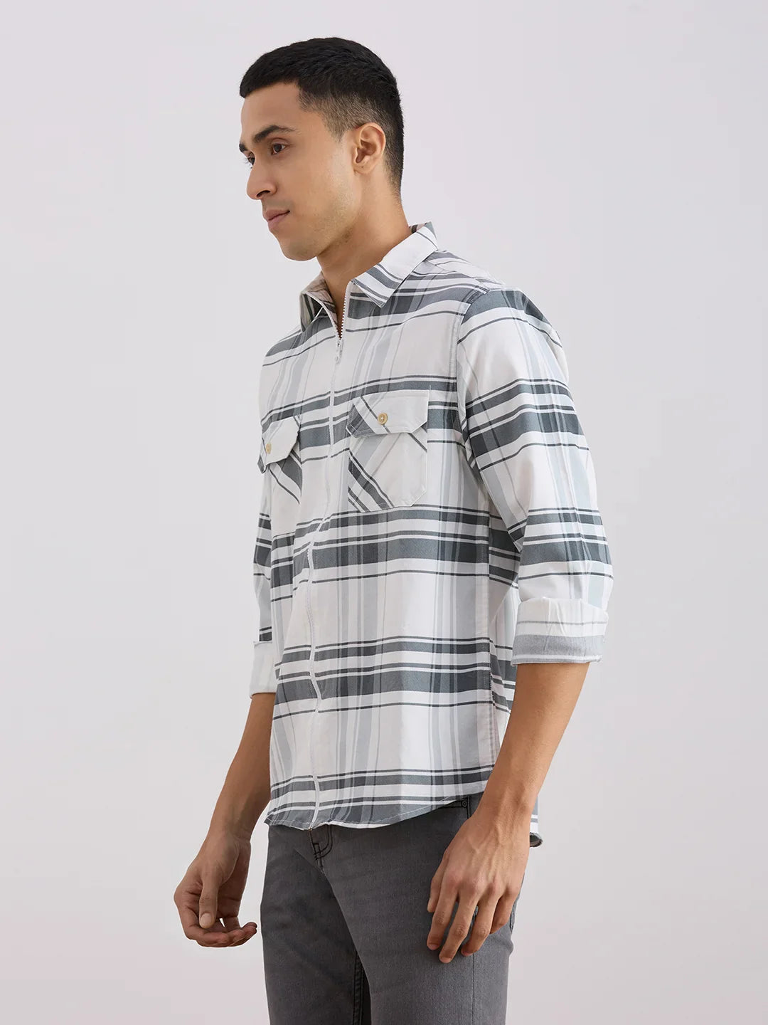Valen  Men's Casual Shirt With Spread Collar Viscose Rayon Long Sleeves Checked Shirt