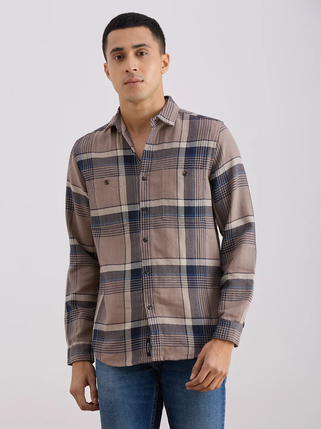 Valen  Men's Casual Shirt With Spread Collar Cotton Long Sleeves Checked Shirt
