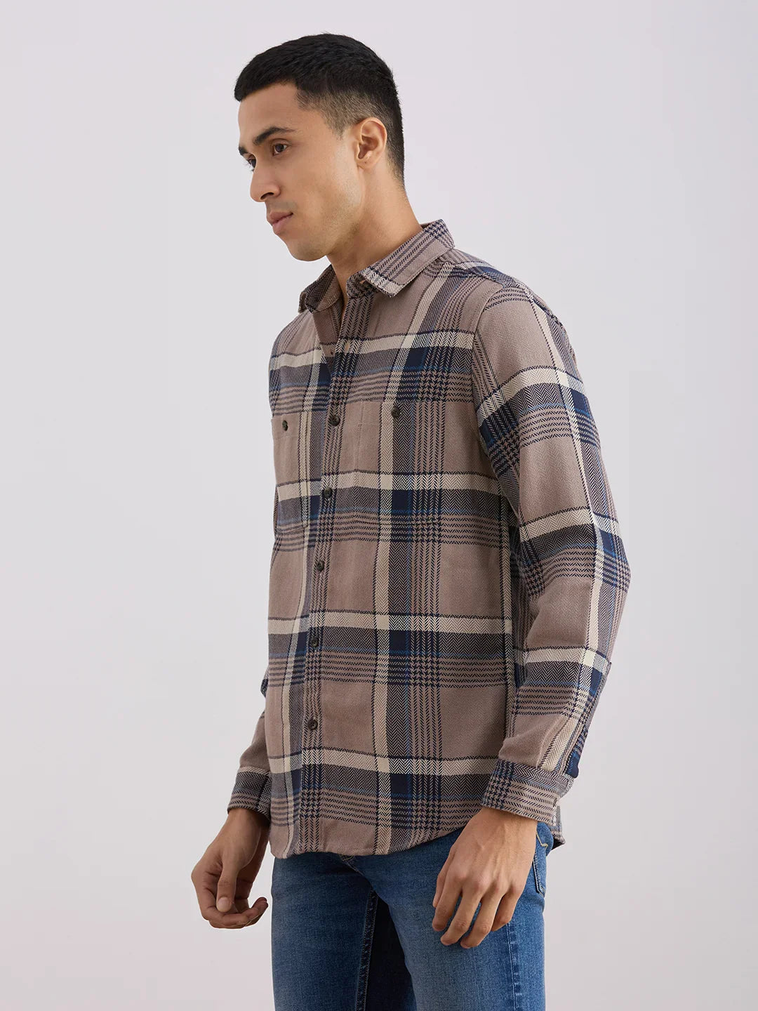 Valen  Men's Casual Shirt With Spread Collar Cotton Long Sleeves Checked Shirt