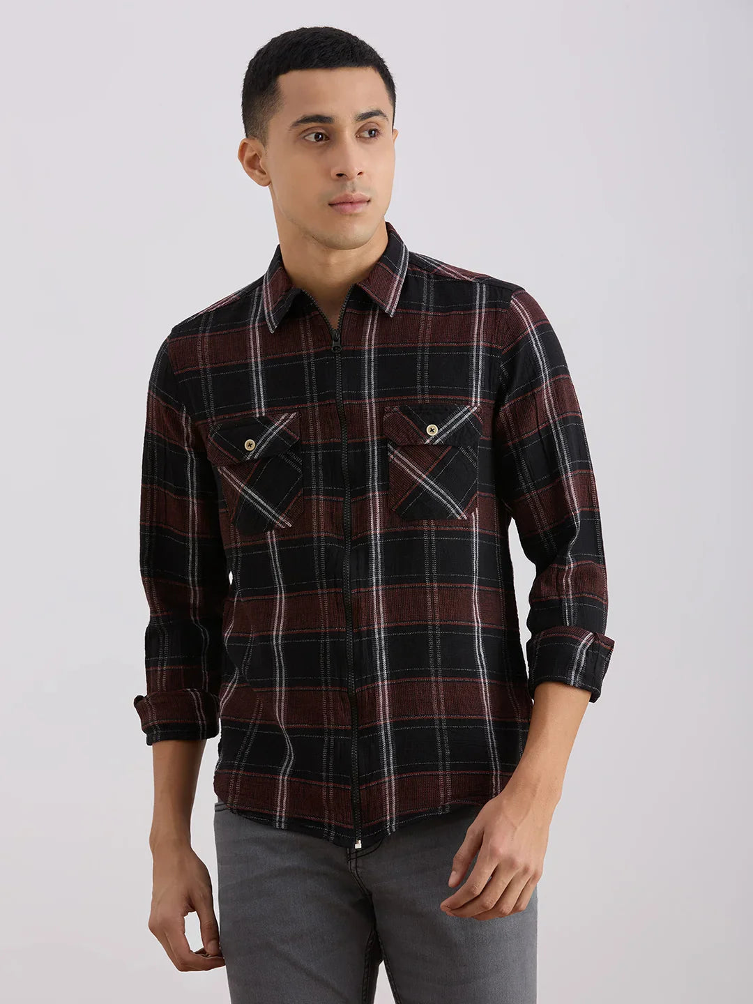Valen Club Men's Casual Shirt With Spread Collar Cotton Long Sleeves Checked Shirt