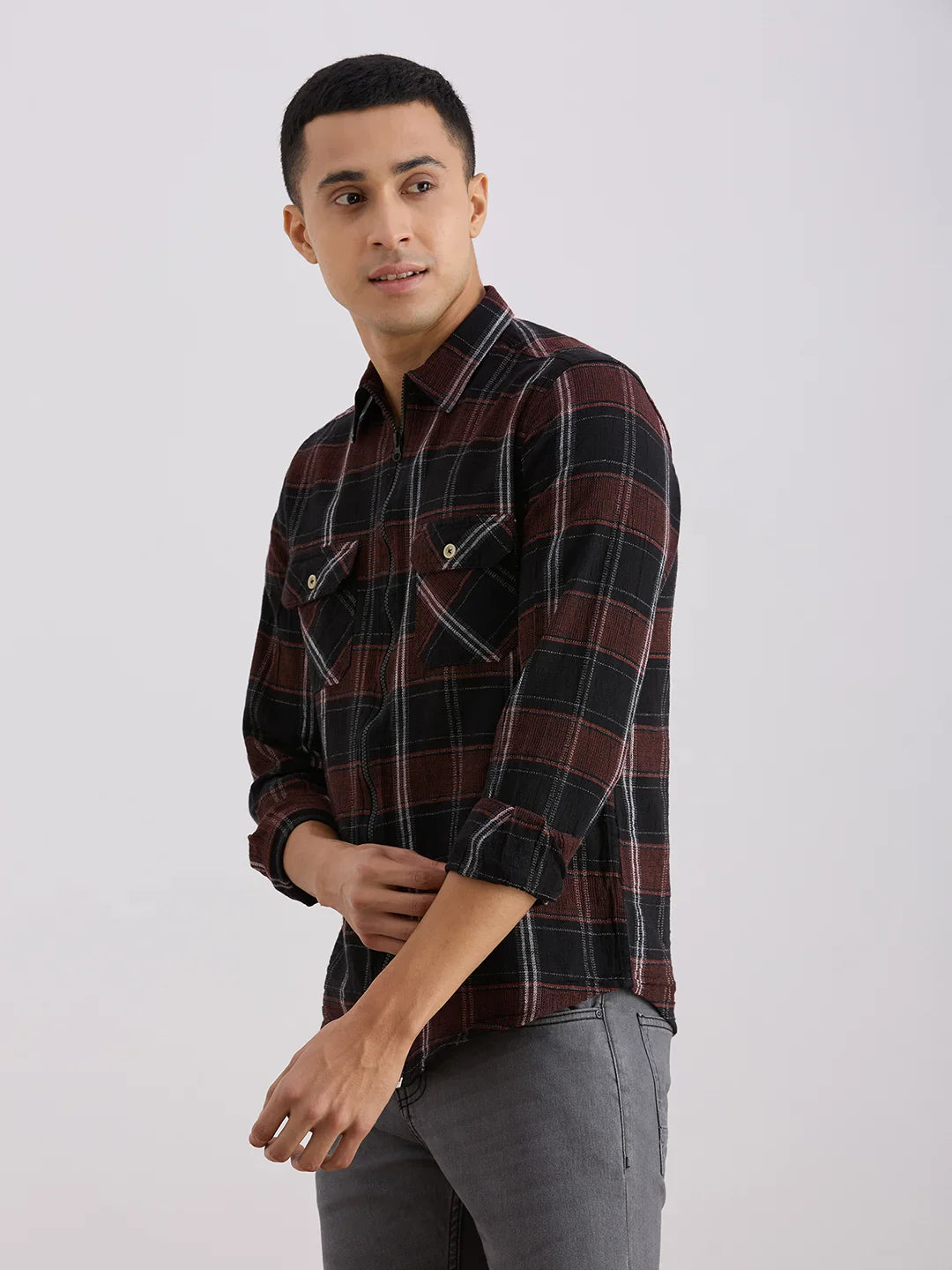 Valen  Men's Casual Shirt With Spread Collar Cotton Long Sleeves Checked Shirt