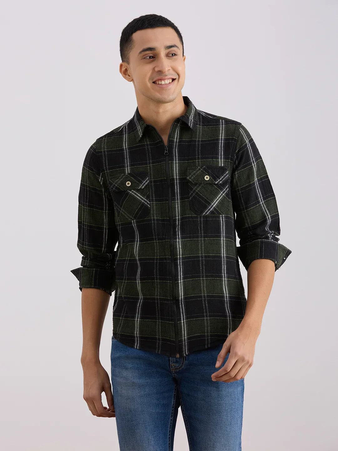 Valen Club Men's Casual Shirt With Spread Collar Cotton Long Sleeves Checked Shirt