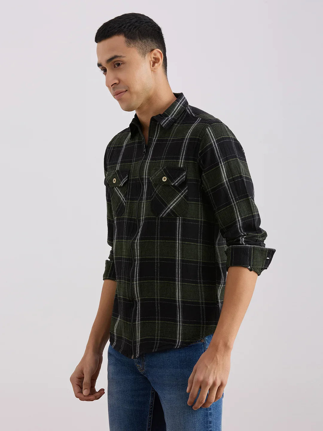 Valen  Men's Casual Shirt With Spread Collar Cotton Long Sleeves Checked Shirt