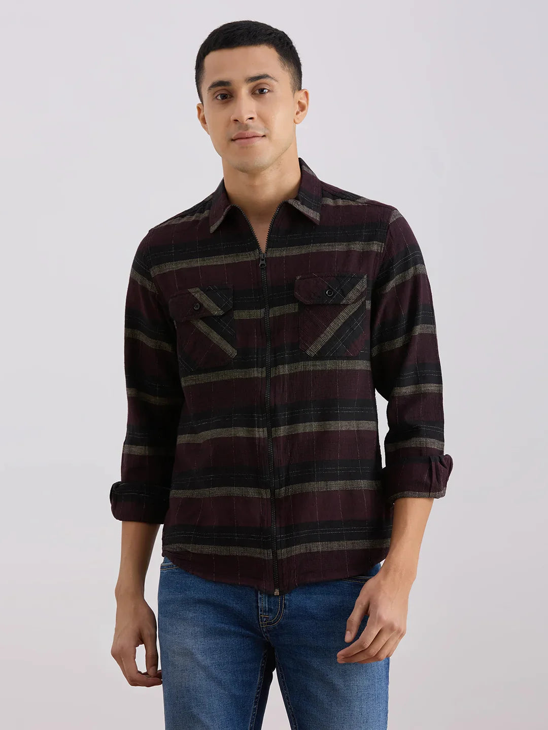Valen  Men's Casual Shirt With Spread Collar Cotton Long Sleeves Checked Shirt