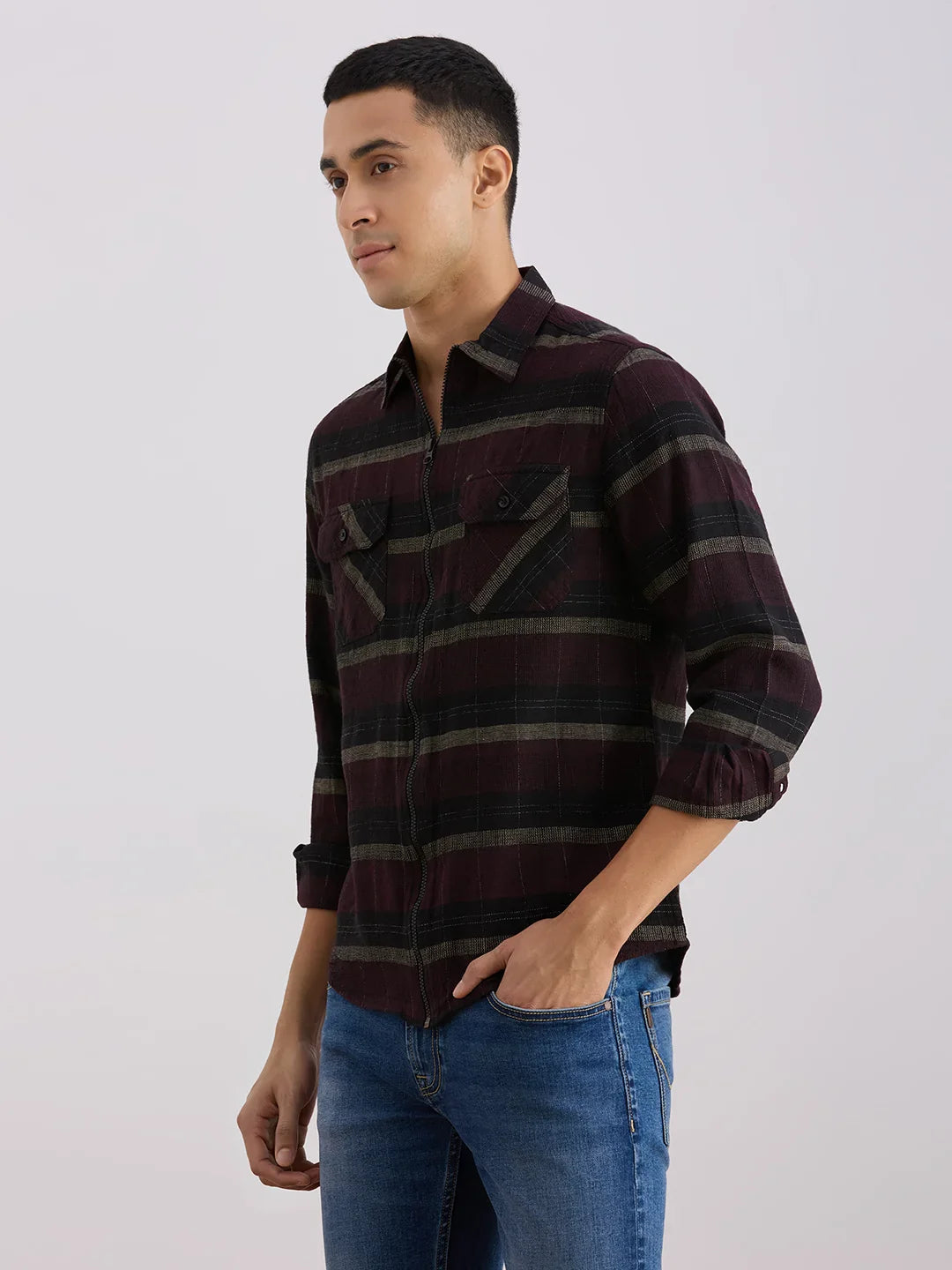 Valen Club Men's Casual Shirt With Spread Collar Cotton Long Sleeves Checked Shirt