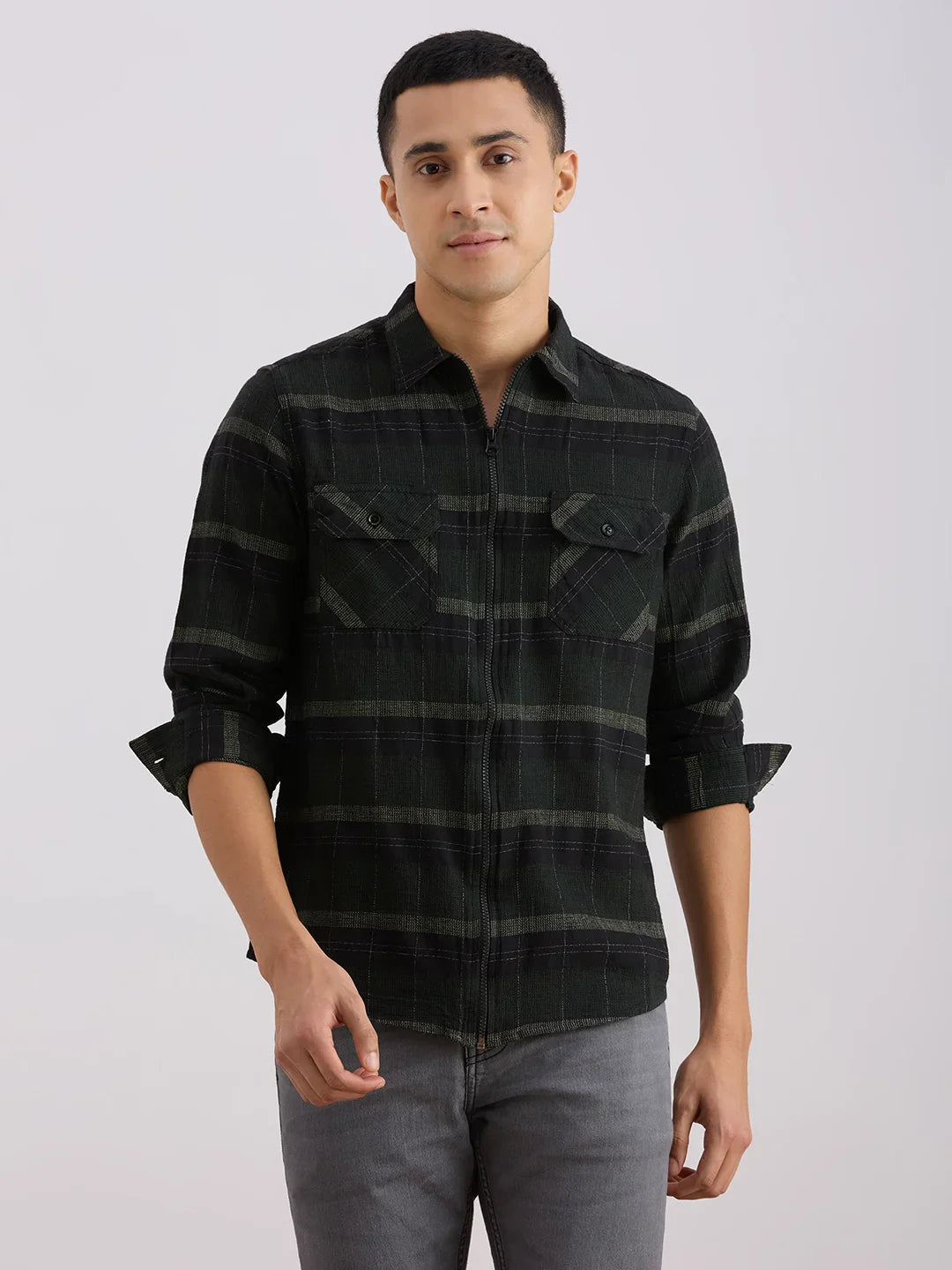 Valen  Men's Casual Shirt With Spread Collar Cotton Long Sleeves Checked Shirt
