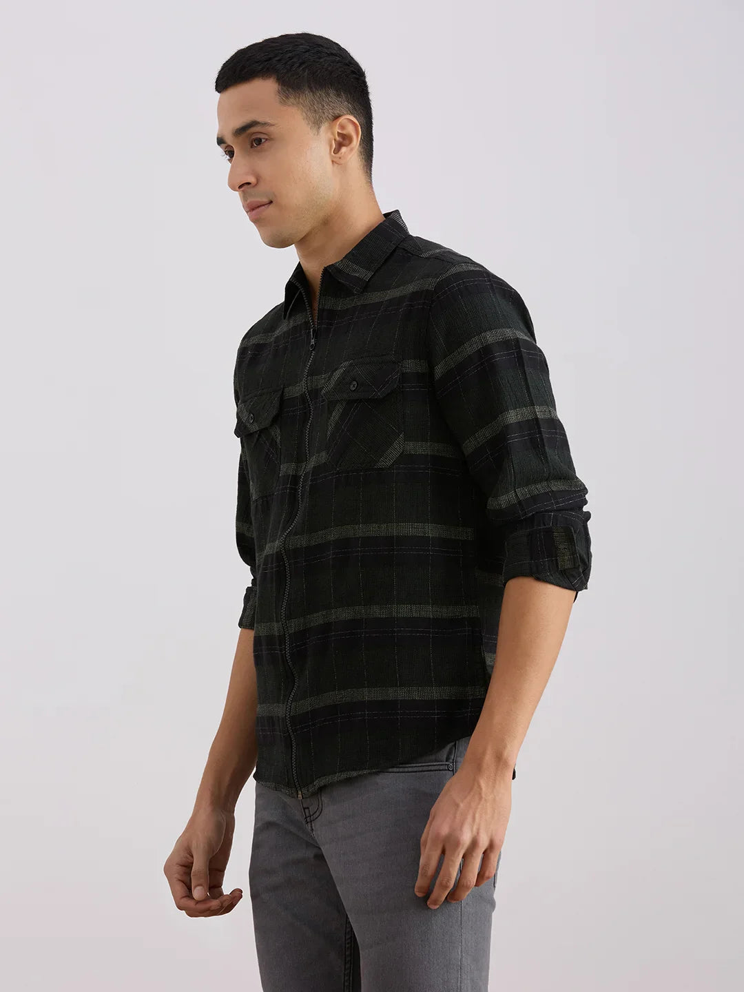 Valen Club Men's Casual Shirt With Spread Collar Cotton Long Sleeves Checked Shirt