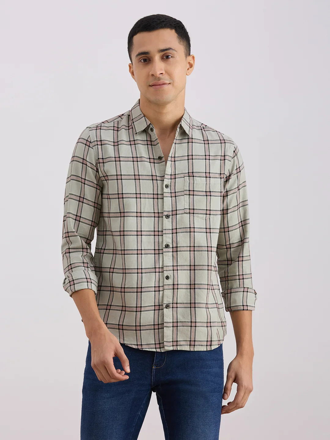 Valen Club Men's Casual Shirt With Spread Collar Cotton Long Sleeves Checked Shirt
