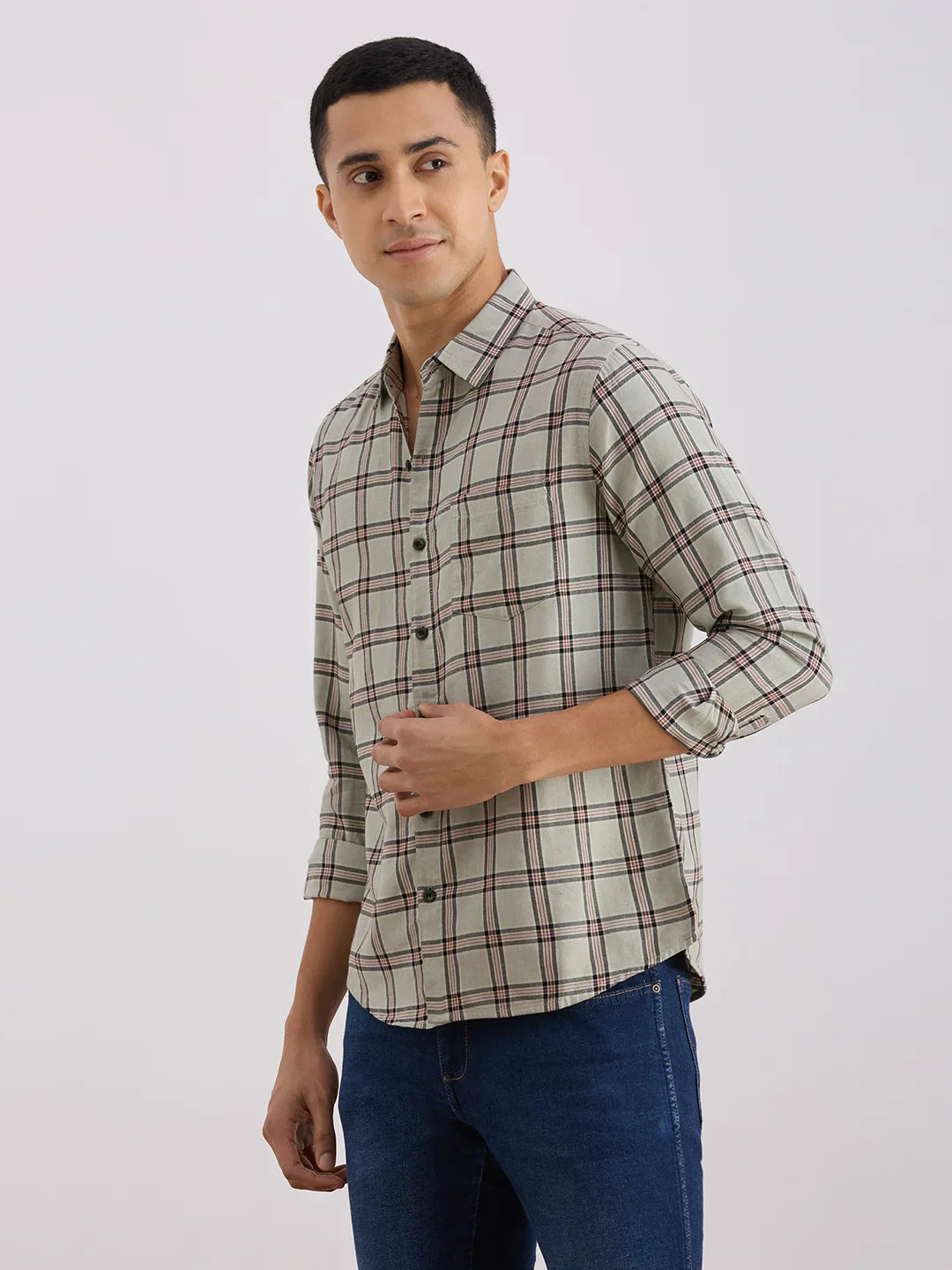 Valen  Men's Casual Shirt With Spread Collar Cotton Long Sleeves Checked Shirt